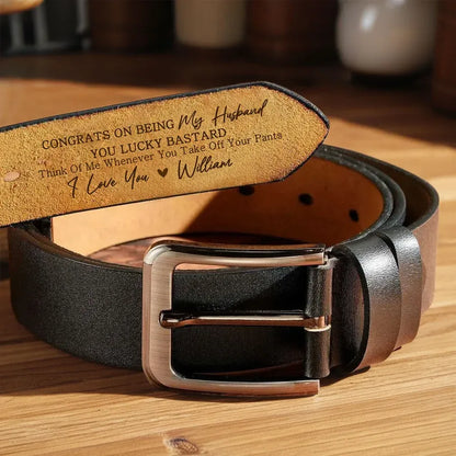 Personalized Leather Belt with 'Congrats on Being My Husband' Message