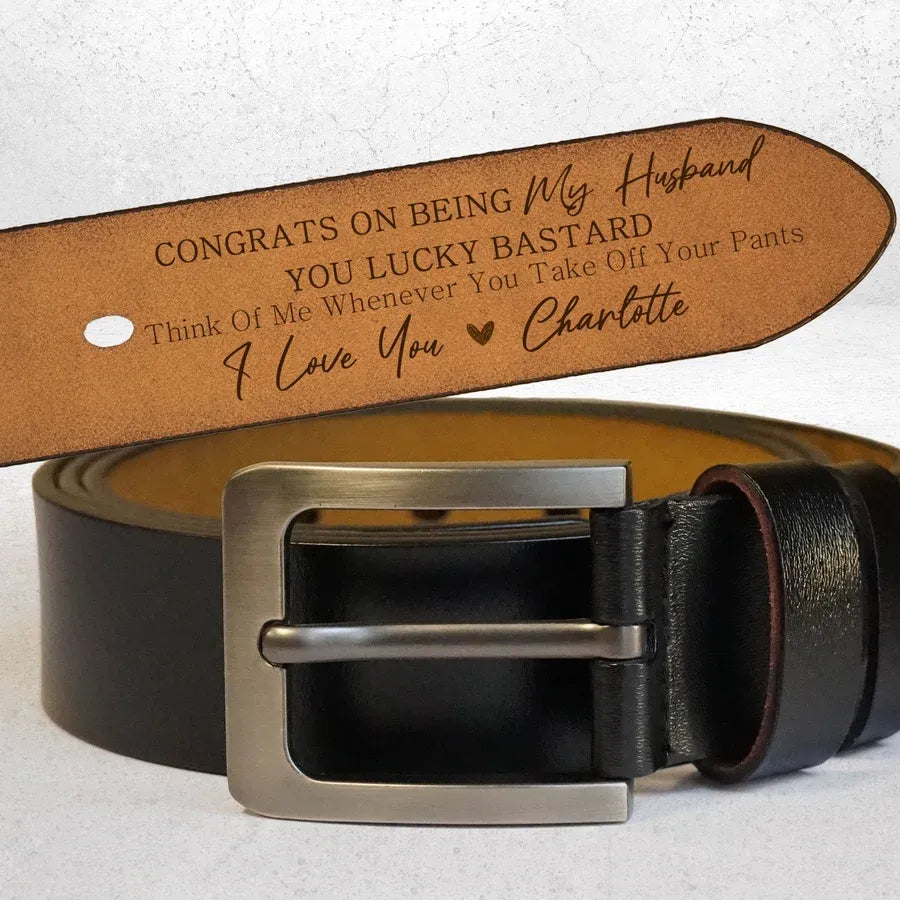 Personalized Leather Belt with 'Congrats on Being My Husband' Message
