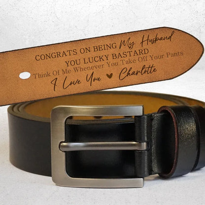 Personalized Leather Belt with 'Congrats on Being My Husband' Message
