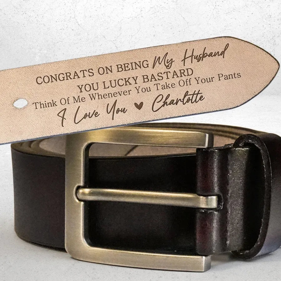 Personalized Leather Belt with 'Congrats on Being My Husband' Message