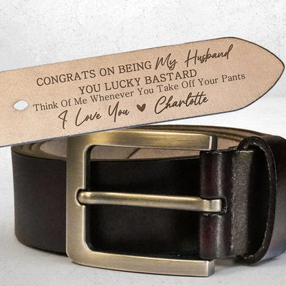 Personalized Leather Belt with 'Congrats on Being My Husband' Message
